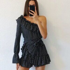 NWT Nasty Gal One-Shoulder Polka Dot Mini Dress Size 4 Coquette Partycore Vibes